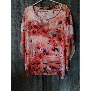 Women's Sheer Floral Blouse – Pink Orange Batwing Top with Rhinestone Detail